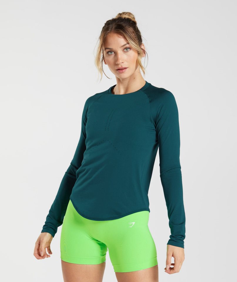 Koszulki Gymshark Sweat Seamless Long Sleeve Top Damskie Turkusowe | PL 103AEC